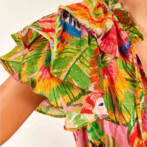 FARM Rio Green and Orange Resort Maxi Dress with Ruffled Tiers - Picture 4 of 5